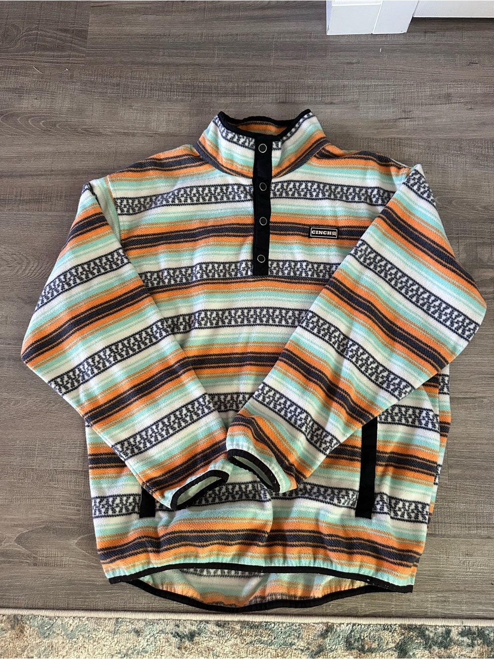 Cinch Striped Snap-Placket Fleece Pullover in Mint, Orange & Black